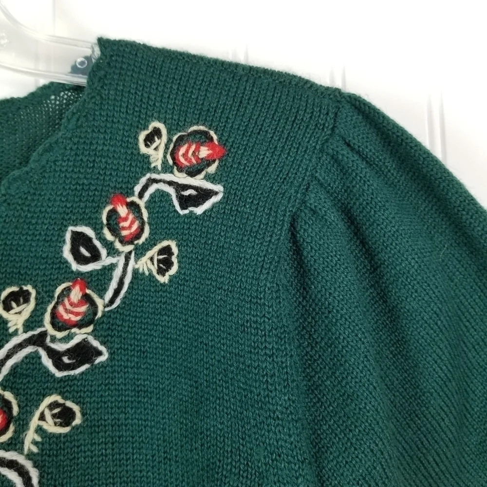 Vintage Womens Wool Cardigan Sweater Size Medium Office Siren Green Embroidered